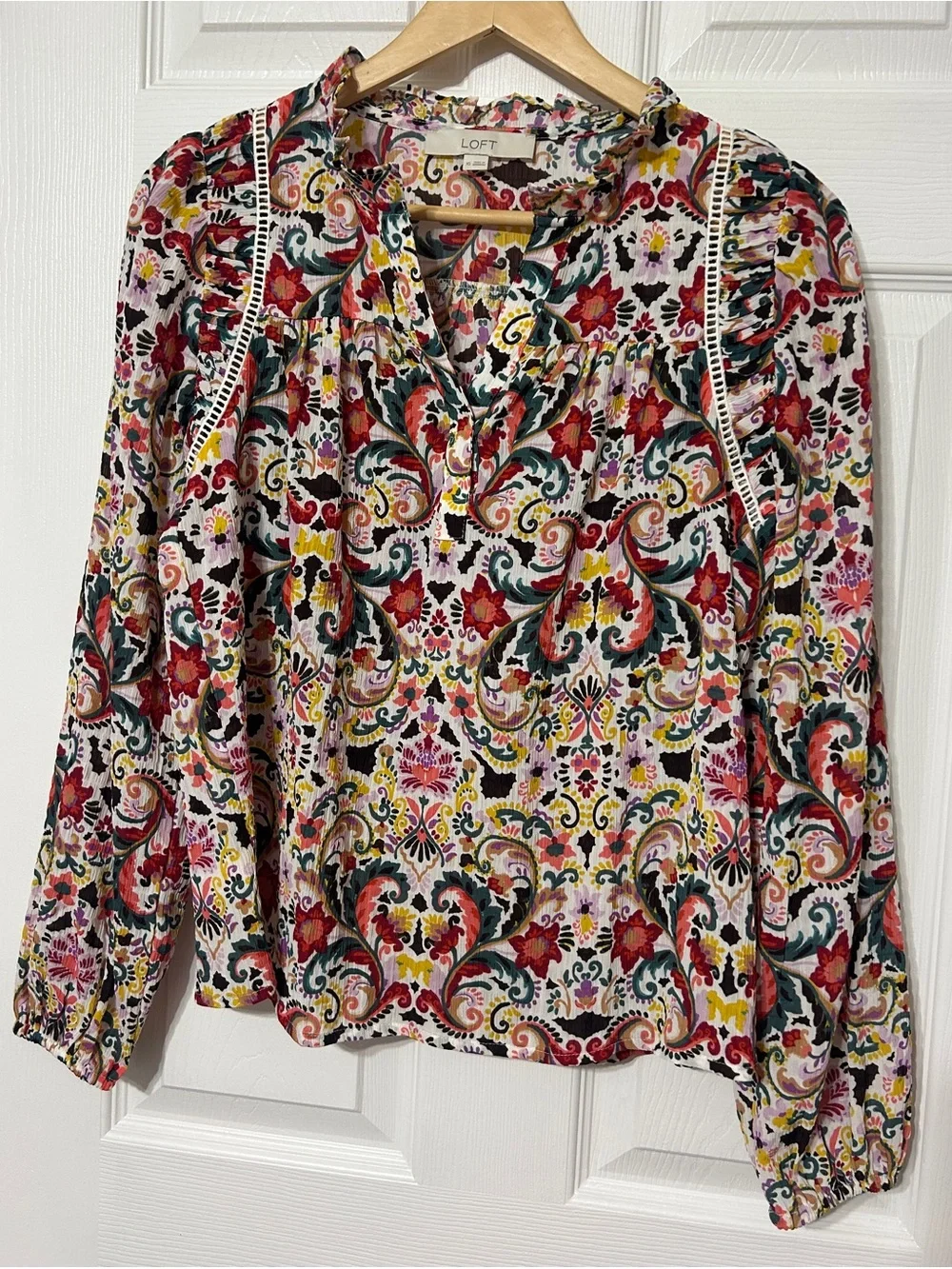 LOFT Women’s Floral Puff Sleeve Blouse Boho Ruffle Neck Size XS